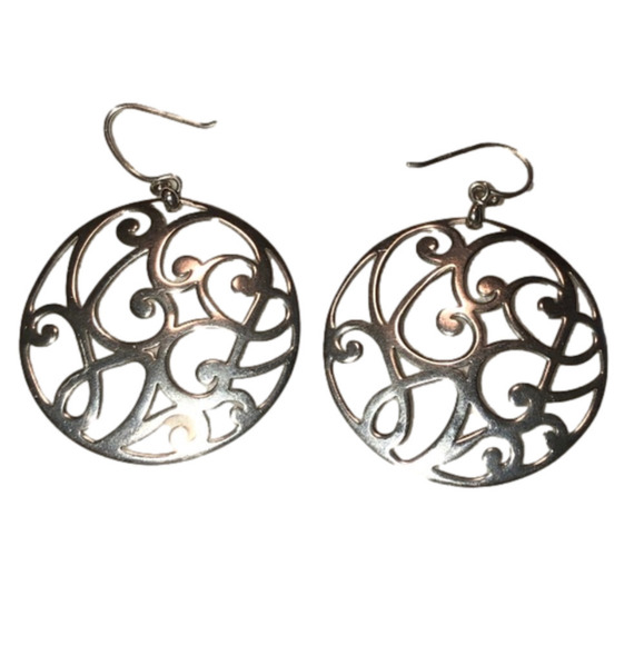 VTG Sterling Silver Round Filigree Vines Design Shepherds Hook Dangle Earrings - Picture 1 of 4
